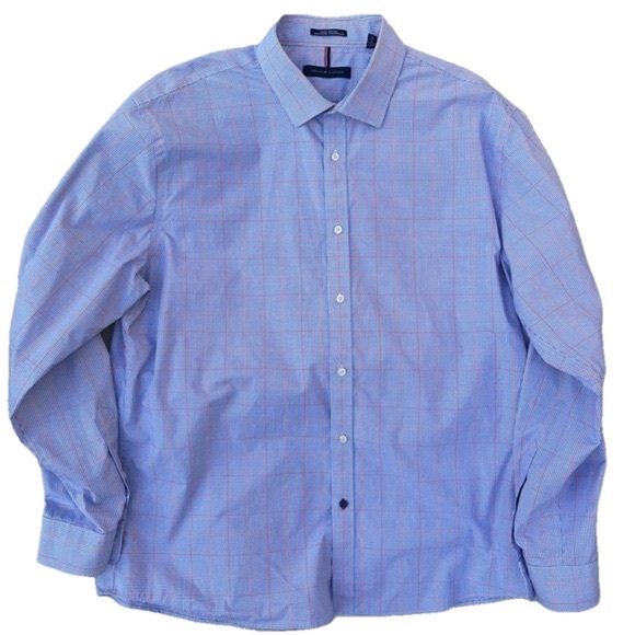 TOMMY HILFIGER Dress Shirt Button Up Slim Fit Cotton Blue Orange XL - Picture 1 of 4